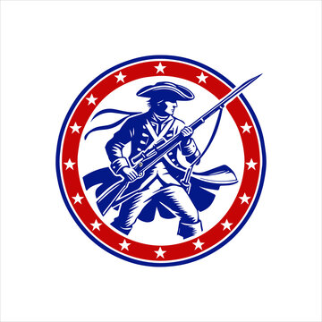 Minuteman Fighter Holding Riffle in Red and Blue Circle with Stars in Vector Logo 