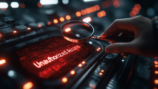 Cybersecurity Breach Investigation: A hand holds a magnifying glass over a digital screen displaying the alarming message "Unauthorized Access" in glowing red letters, set against a futuristic.