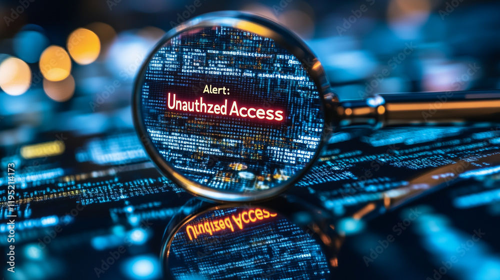 Poster cybersecurity alert: unauthorized access detected: a close-up shot reveals a magnifying glass focuse