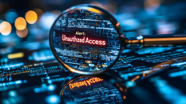 Cybersecurity Alert: Unauthorized Access Detected: A close-up shot reveals a magnifying glass focused on a computer screen displaying a critical "Unauthorized Access" alert.