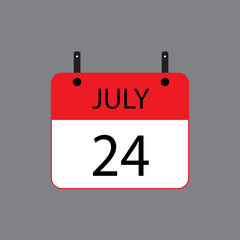 Calendar icon with July 24 date on grey background. Vector schedule symbol.