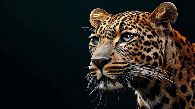 leopard on black background with copy space 
