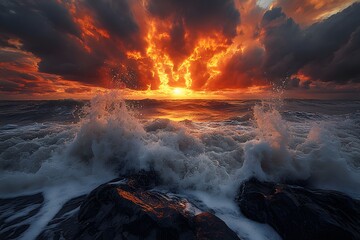 Fototapeta premium Dramatic Sunset Over Ocean with Crashing Waves and Fiery Sky