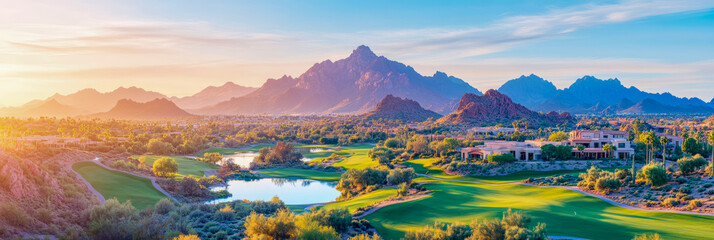 Luxury Homes and Golf Course with Mountain Sunset View