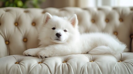 Fototapeta premium White Samoyed puppy poses on luxury vintage cream sofa with tufted details and golden accents. Diamond collar adds elegance while natural lighting creates warm, dreamy atmosphere.