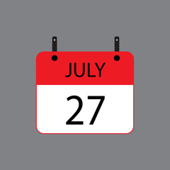 Calendar icon with July 27 date on grey background. Vector schedule symbol.