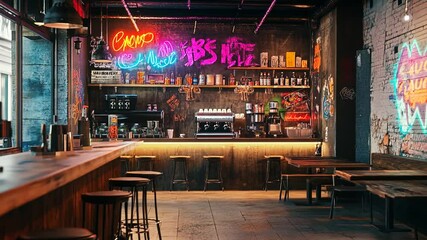 Trendy bar with neon signs, graffiti, wooden bar counter, stools, and tables. - Powered by Adobe