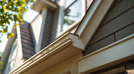 Obraz premium Close-up view of a house's exterior, showcasing the roofline, gutters, and architectural details. Highlighting the design and construction elements of a residential building.