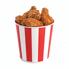 abstract 3d Fried chicken in big red white stripes bucket box isolated on white background