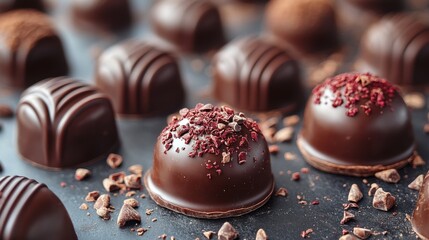 Indulgent Chocolate Confections with Rich Dark Coating and Garnishes of Chopped Ingredients Perfect for Dessert Lovers and Gourmet Treats