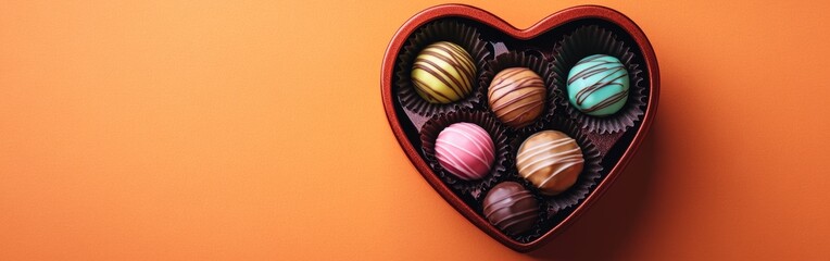 Obraz premium A vibrant heart-shaped box of colorful truffles, ideal for Valentine's Day gifting or festive occasions.