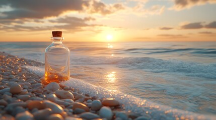 Glass message bottle rests among smooth pebbles as gentle waves roll in. Sunset lighting creates nostalgic mood in cinematic coastal scene with golden hour ambiance.