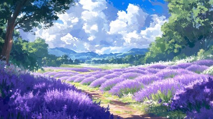 Serene Landscape of Lavender Fields Under Blue Sky and Puffy Clouds with Gentle Rolling Hills in the Background