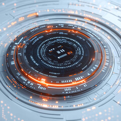 Futuristic digital interface with glowing orange accents and intricate patterns, showcasing advanced technology and data visualization