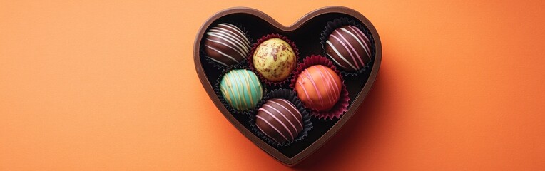 Obraz premium A vibrant heart-shaped box of colorful truffles, ideal for Valentine's Day gifting or festive occasions.