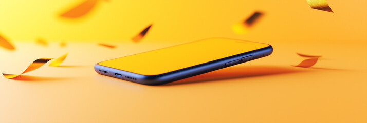 Sleek smartphone rests on a vibrant yellow backdrop, surrounded by celebratory confetti.
