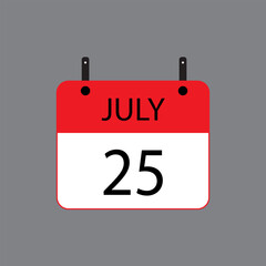 Calendar icon with July 25 date on grey background. Vector schedule symbol.