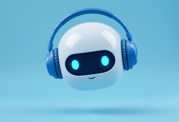 friendly AI robot cartoon, floating robot head with headphones