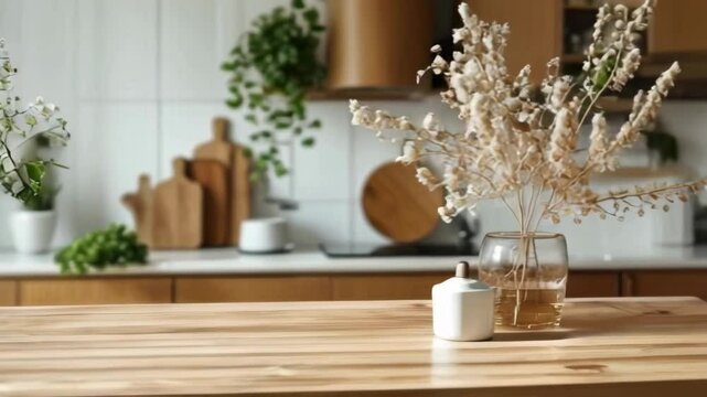 A serene kitchen scene featuring elegant decor, natural elements, and minimalist design that evokes a cozy, calm atmosphere.
