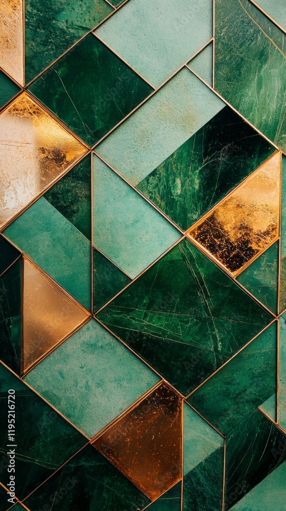 Poster Intricate geometric shapes in various shades of green and gold blend seamlessly, forming a captivating pattern that adds depth and sophistication. This artistic design enhances any space