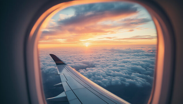 Stunning sunset view from airplane window. Wing visible, clouds below bathed in golden light. Breathtaking aerial perspective.