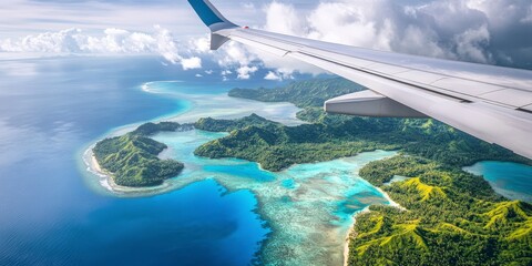Aerial view of tropical islands with turquoise waters seen from a plane wing perspective