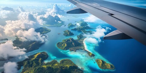 Fototapeta premium Aerial View of Tropical Islands Through an Airplane Window in a Cloudy Sky