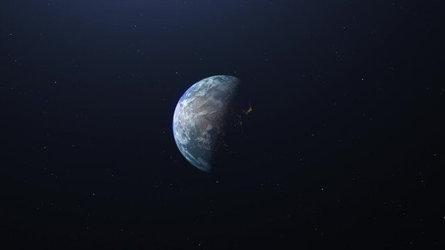 Blue Earth at Night View From Space, City Lights at Night Looped 3d Animation. Dark Planet Turning in Outer Space. Elements Furnished by NASA. Nature, Technology Concept 4k.