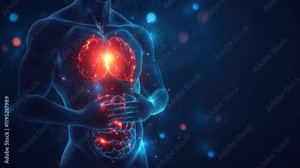 Poster Glowing human torso with illuminating red focal point in the stomach area against a dark background. Generative AI