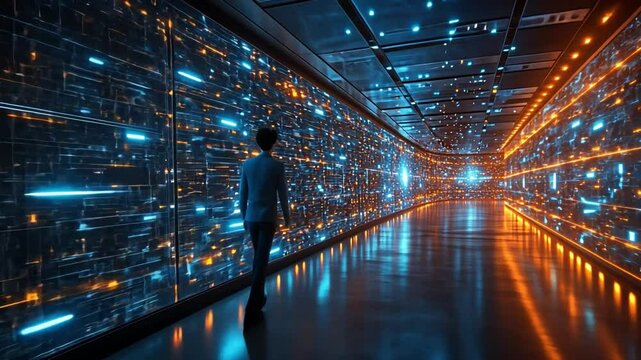 Cyberpunk Cityscape: A solitary figure stands in awe before a towering, futuristic data center, bathed in vibrant neon blue and orange lights.