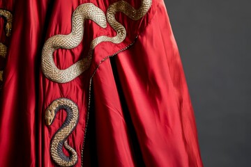 Red fabric garment; embroidered snakes adorn.