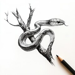 Obraz premium A Detailed Ink Drawing Of A Snake Around A Branch