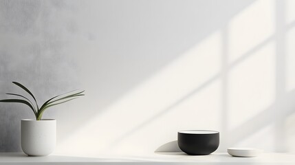 Minimalist Still Life with Plant and Geometric Bowls on Table
