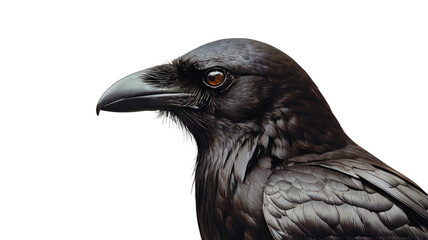 Side view of a black crow head with intricate feather details isolated on transparent background