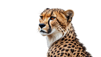 Profile view headshot of a cheetah with detailed fur patterns isolated on transparent background