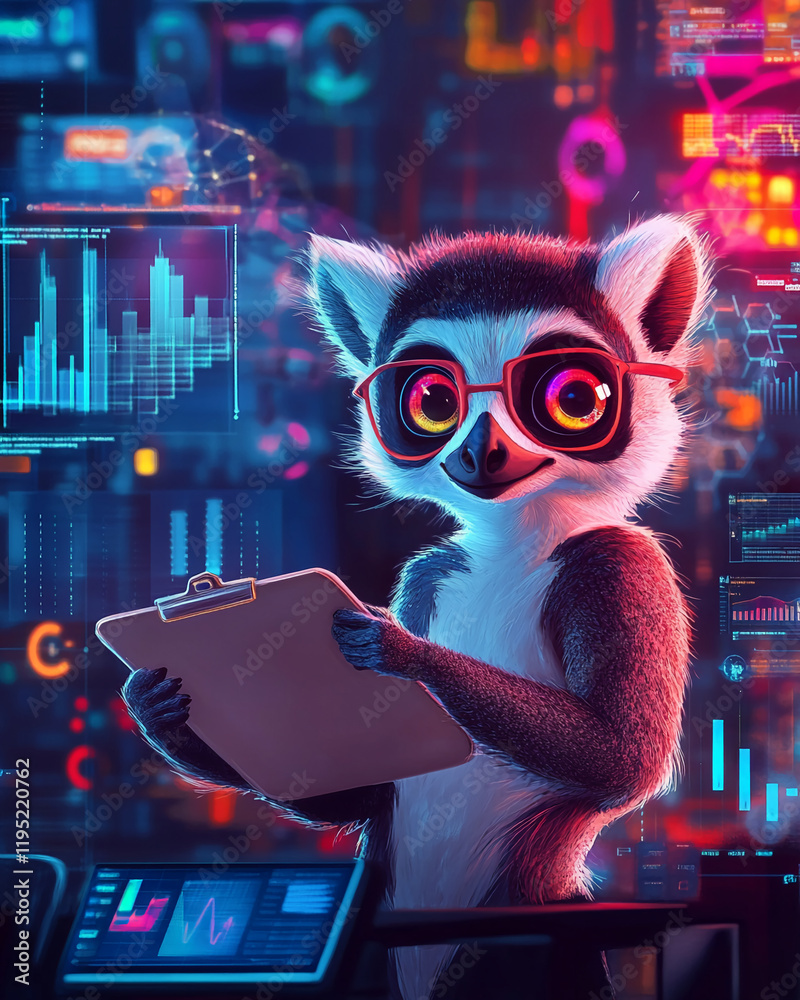 Poster Lemur Scientist in a Futuristic Data Analysis Laboratory