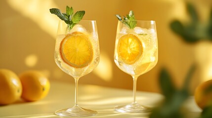 Champagne glasses filled with mimosa showcase crystal clarity, garnished with fresh orange and mint leaves against pastel yellow backdrop. Professional lighting enhances the luxurious drink styling