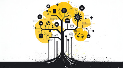 The Growth of Innovation: An abstract illustration depicting a stylized tree with a vibrant yellow crown branching out to various icons representing different aspects of technology and innovation.