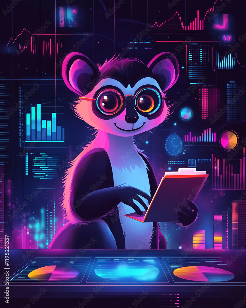 Poster Lemur Analyst in a Vibrant Futuristic Data Visualization Lab