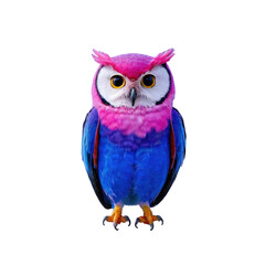 Vibrant cartoon-style owl illustration in purple, pink, and blue hues isolated on transparent background