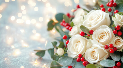 Fototapeta premium Beautiful bouquet of white roses and red berries with festive lights