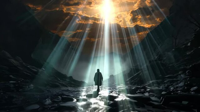 A man walking through a dark valley toward the heavenly light trusting in God