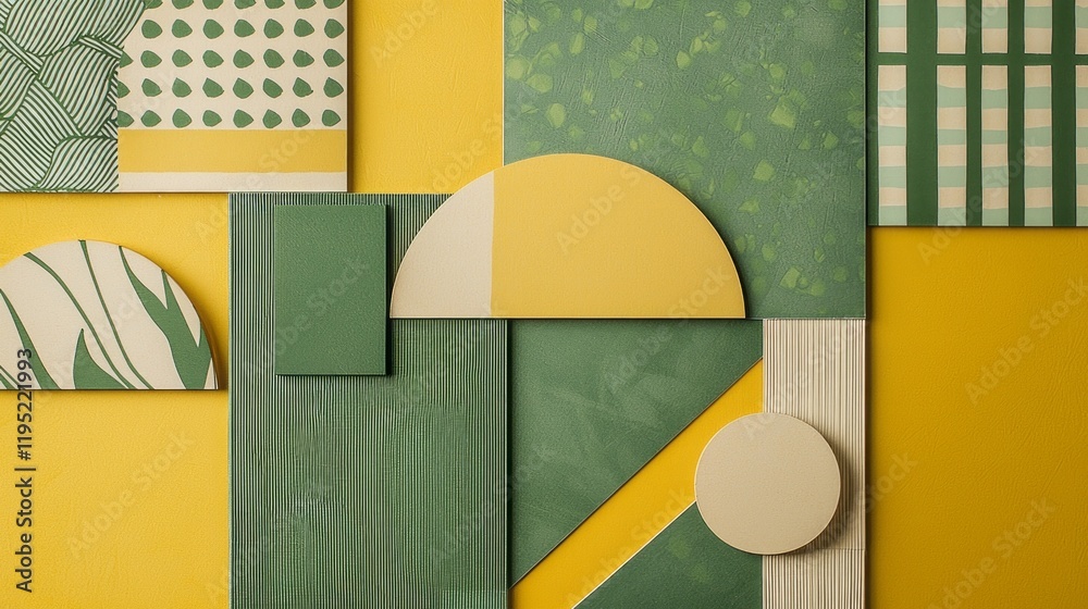 Poster vibrant geometric patterns in various shades of sage green and sunny yellow combine to create a deli