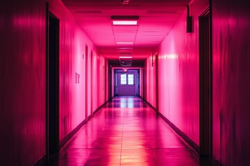 Pink-lit hallway, doors, windows, glowing floor.