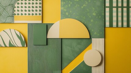 Vibrant geometric patterns in various shades of sage green and sunny yellow combine to create a delightful composition, perfect for sparking creativity and enhancing interior design aesthetics