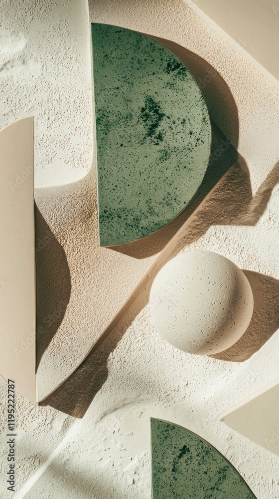Aufkleber an arrangement of geometric forms in varying shades of sage green rests against a textured backdrop,