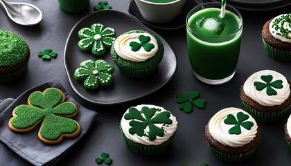 Festive green cupcakes and cookies decorated with shamrocks, perfect for St. Patrick's Day celebrations, complementing a vibrant green drink.