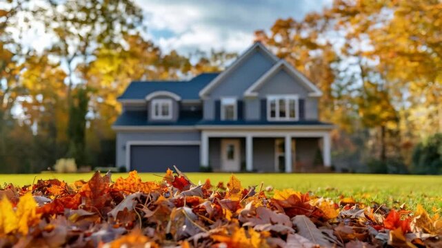pile of autumn leaves in a backyard and house on background