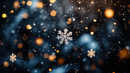 Obraz premium Winter's whisper: bokeh effect of ethereal white snowflakes against peaceful nighttime darkness 