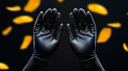 Elegant black leather gloves displayed against a warm yellow backdrop.